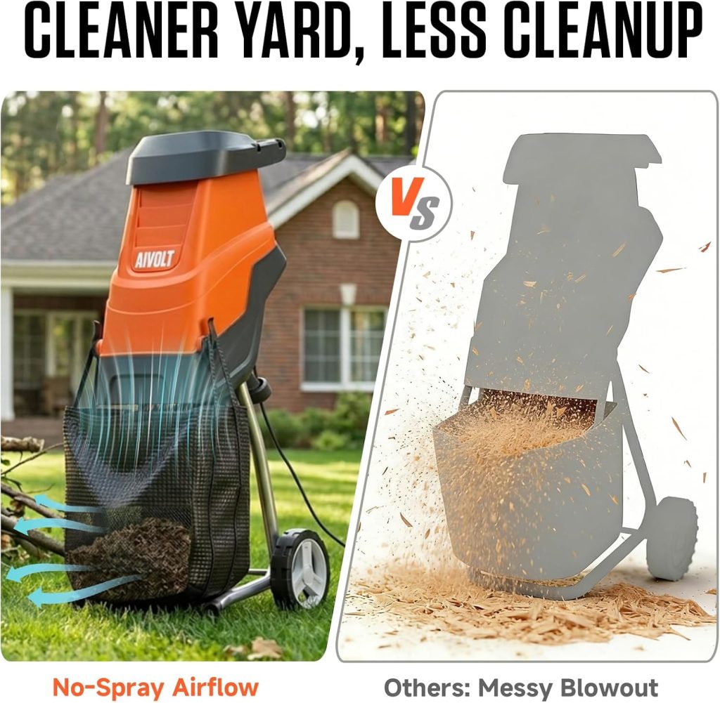 AIVOLT Electric Garden Shredder – Powerful Wood Chipper & Leaf Mulcher with Anti Blowout System, High Capacity Collection Bag, Heavy Duty Yard Waste Crusher aivolt net (4)